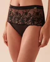 Floral Applique Mesh High Waist Bikini Panty