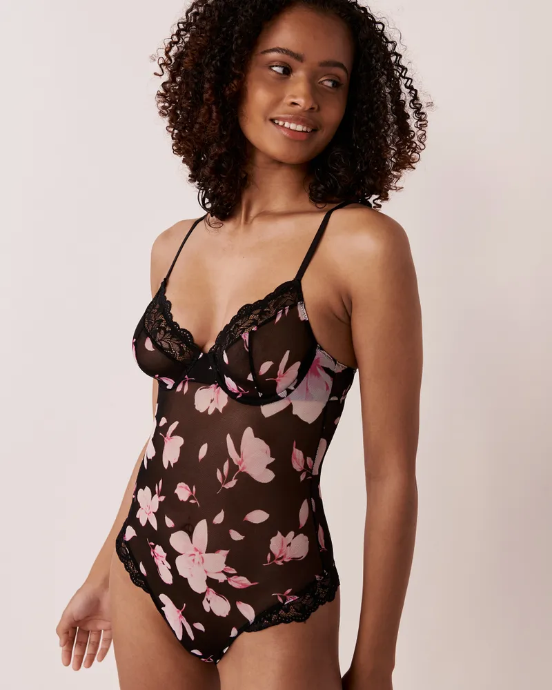 Lace and Mesh Floral Teddy - Black floral