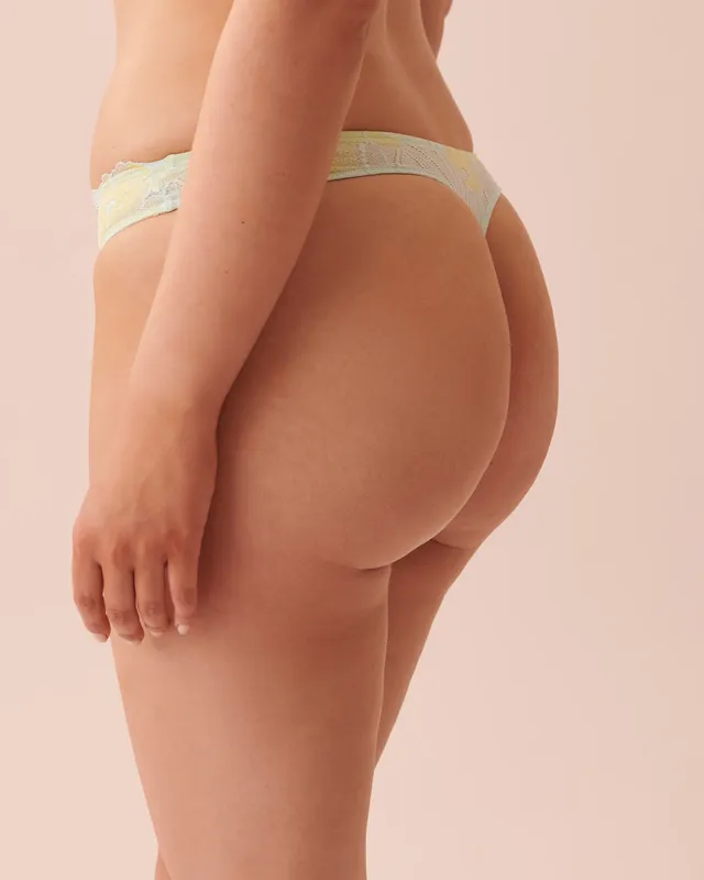 Lace and Mesh Thong Panty - Peachy floral