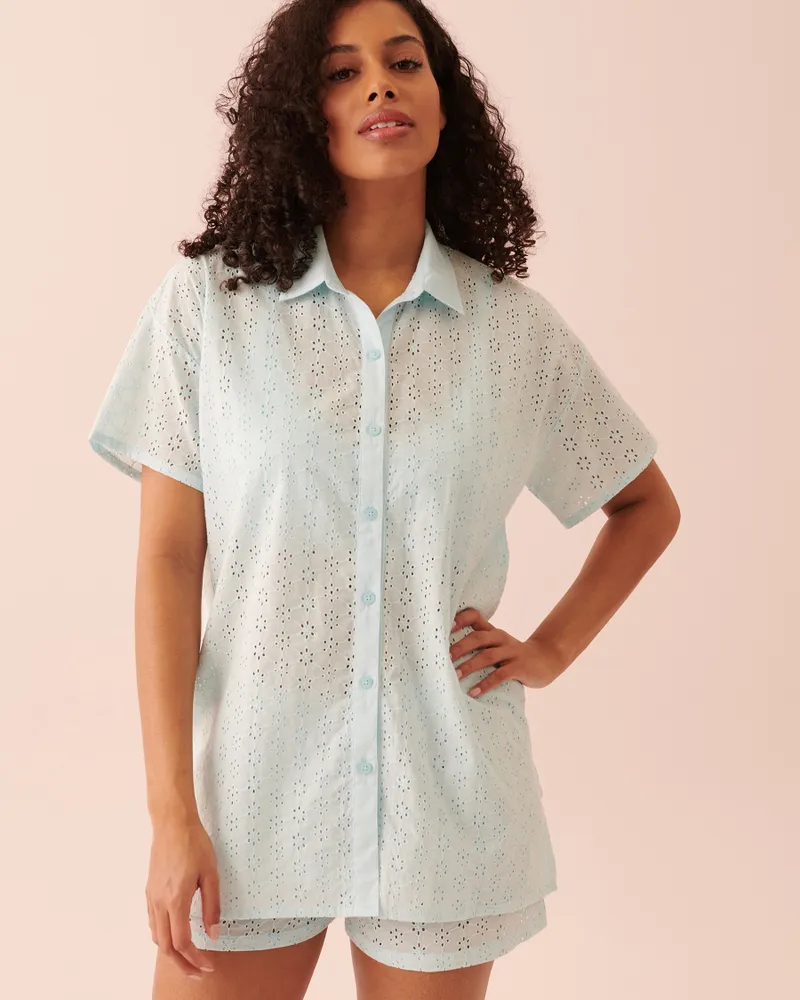 Eyelet Short Sleeve Button-down Shirt