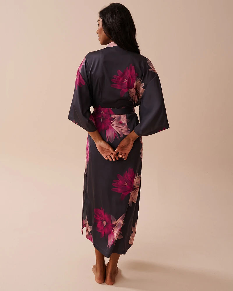 Floral Print Long Satin Kimono
