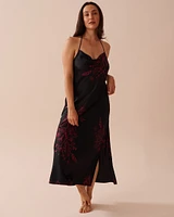 Dark Floral Print Long Satin Nightie