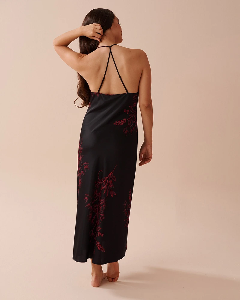 Dark Floral Print Long Satin Nightie