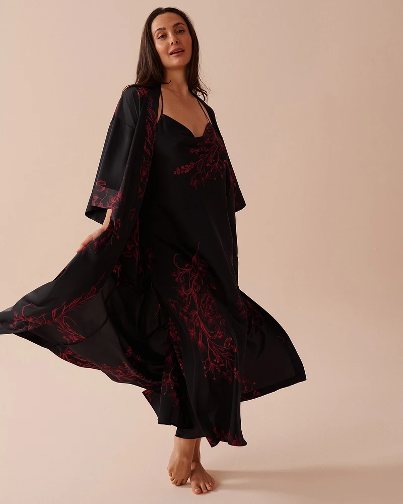 Dark Floral Print Long Satin Kimono