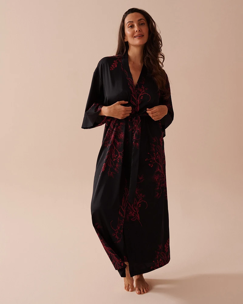 Dark Floral Print Long Satin Kimono