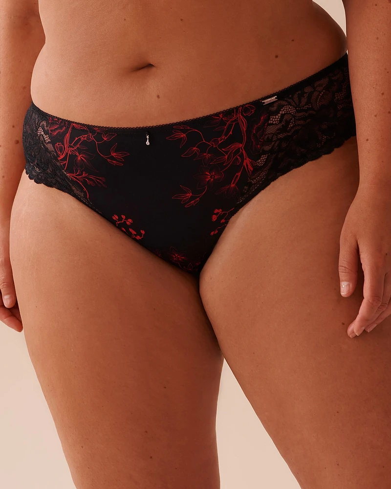 Floral Print Microfiber and Lace Cheeky Panty