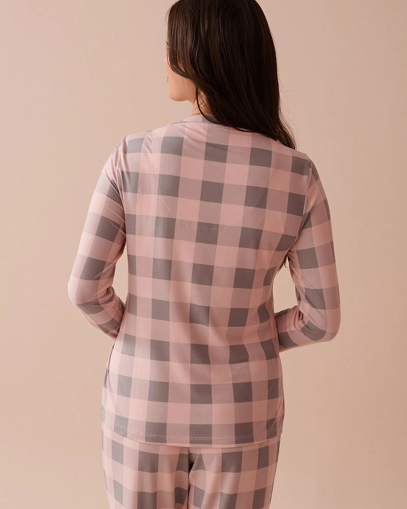 Pink Plaid Super Soft V-neck Button-front Top