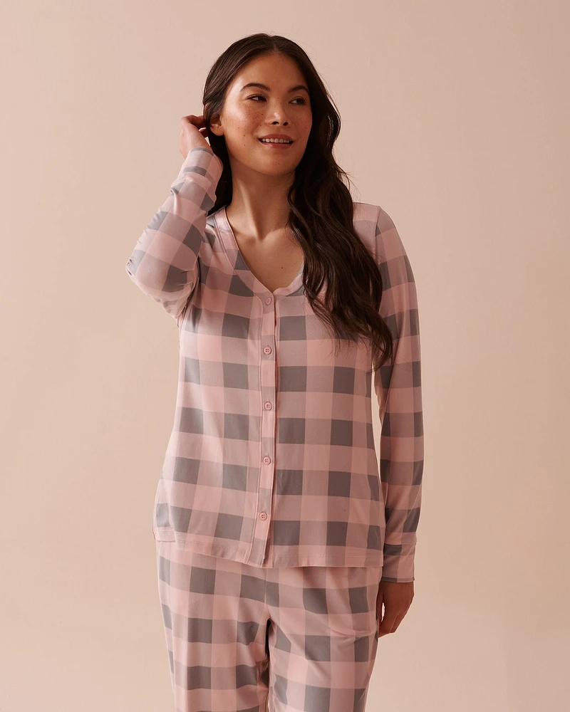 Pink Plaid Super Soft V-neck Button-front Top