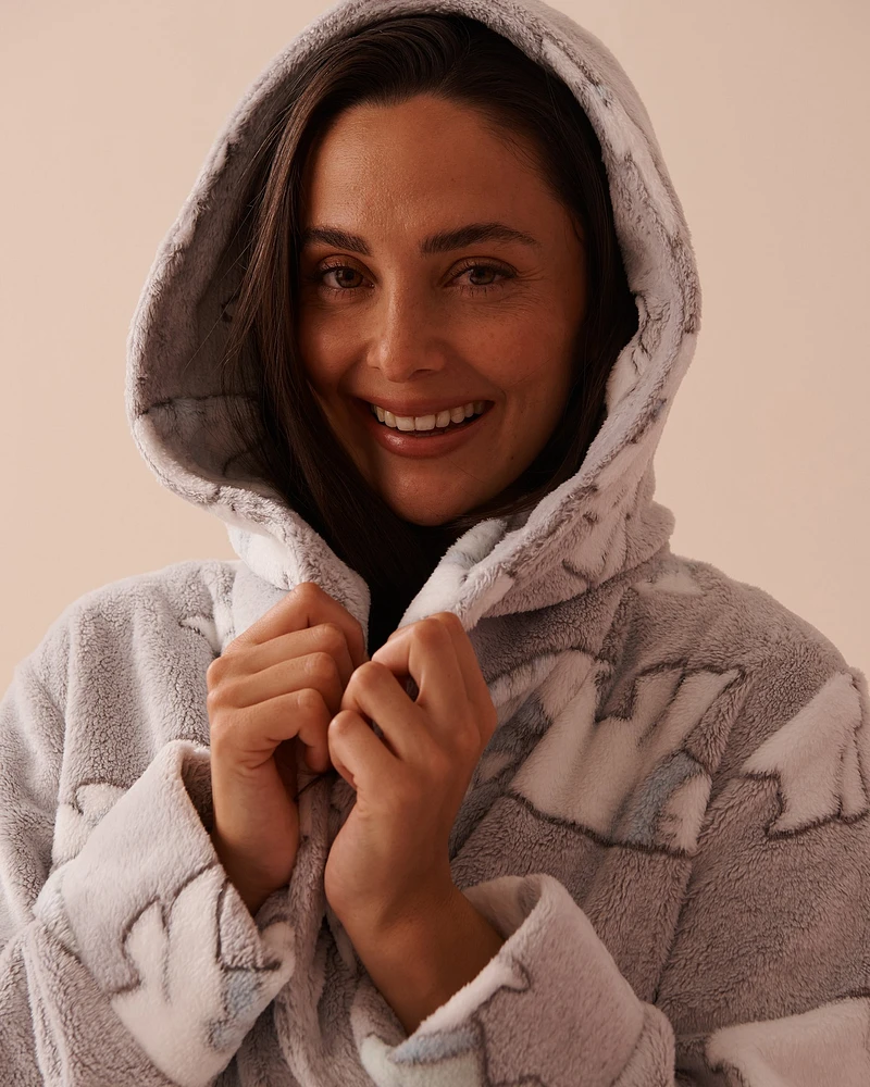 Polar Bear Print Soft Plush Hooded Robe