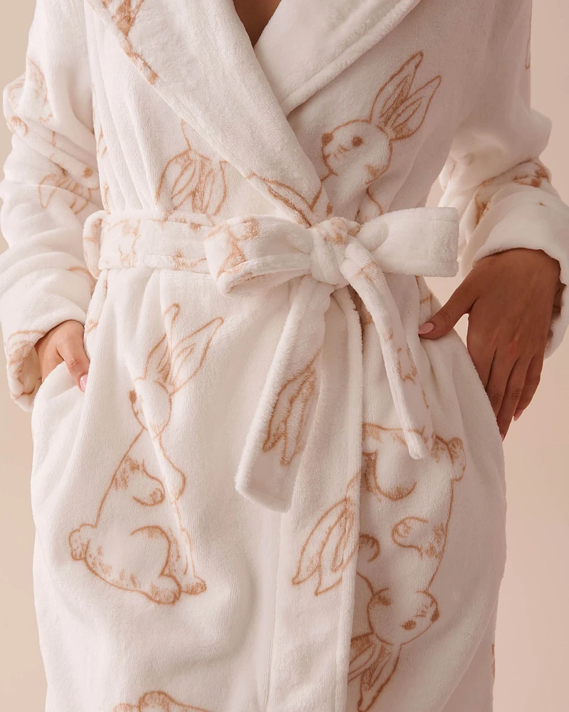 Rabbit Print Soft Plush Hooded Robe