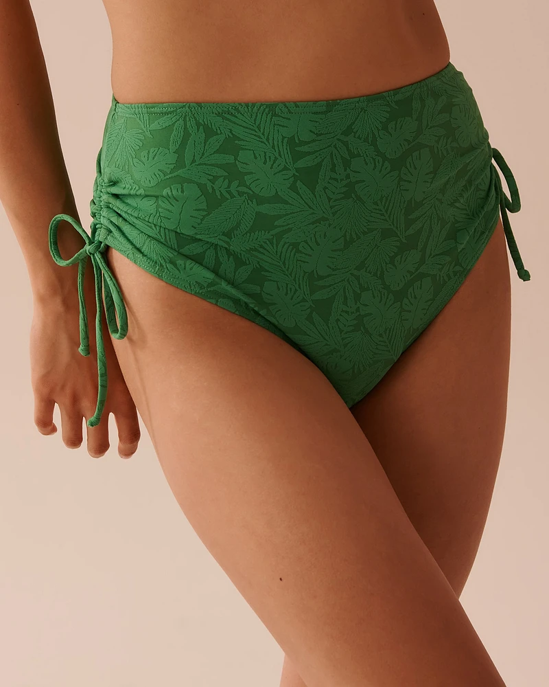 GREEN TROPICAL LEAVES Textured Side Tie High Waist Bikini Bottom