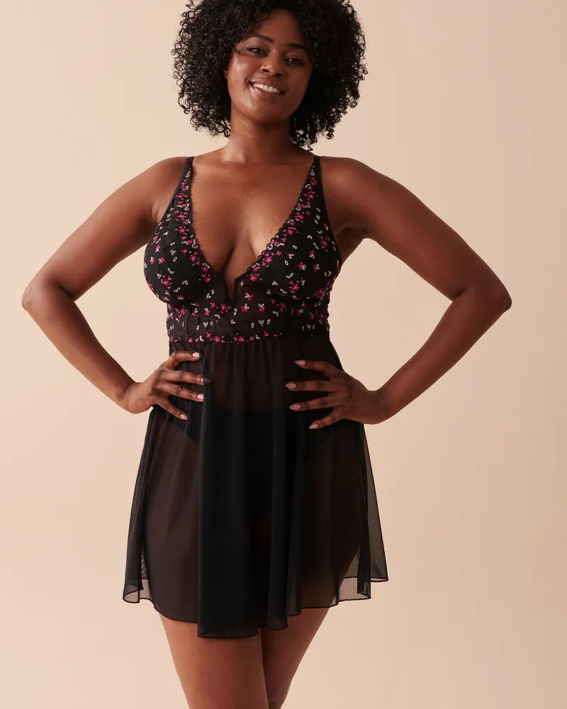 Embroidered Mesh Plunge Nightie