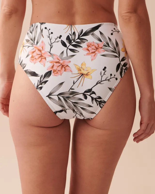 TROPICAL Mid Waist Bikini Bottom - Black Tropical Blooms