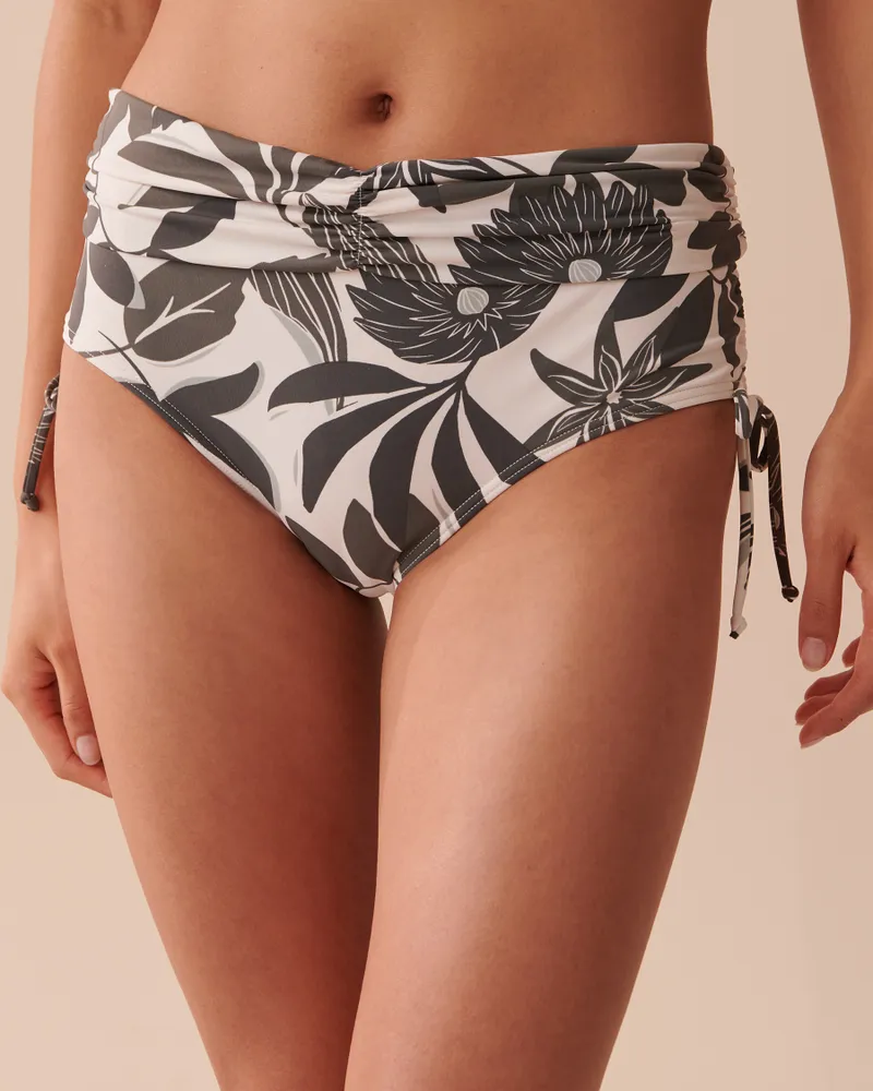 La Vie en Rose KHAKI GREY FLORAL Shirred High Waist Bikini Bottom