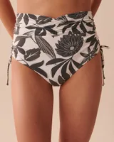 KHAKI GREY FLORAL Shirred High Waist Bikini Bottom