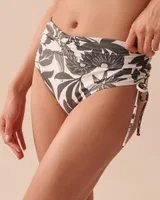 KHAKI GREY FLORAL Shirred High Waist Bikini Bottom