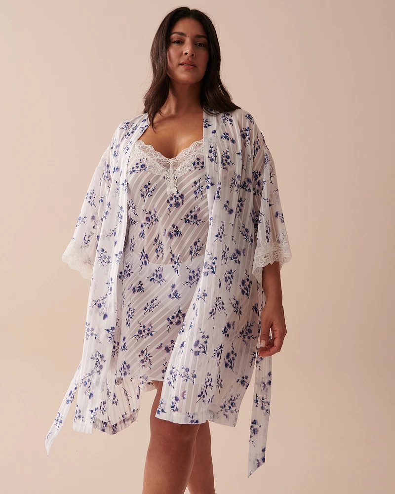 Lace Trim Floral Jacquard Kimono