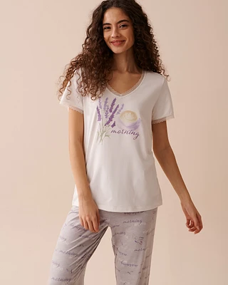 Coffee & Lavender Print Super Soft V-Neck T-shirt