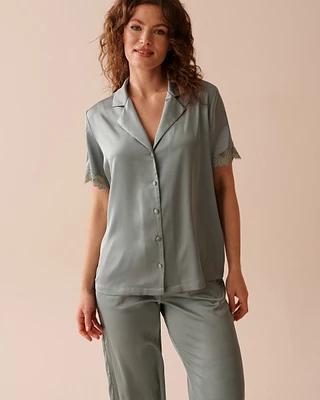 Lace Trim Satin Short Sleeve Button-down Shirt