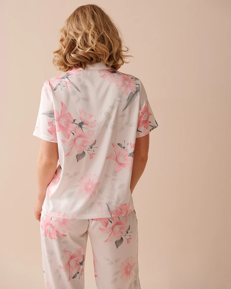 Pink Floral Satin Button-down Shirt