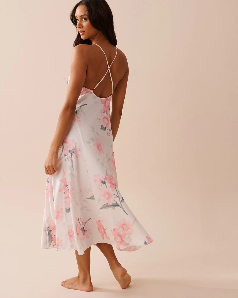 Pink Floral Long Satin Nightie