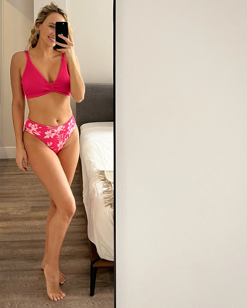 TROPICAL PINK Textured High Leg Brazilian Bikini Bottom