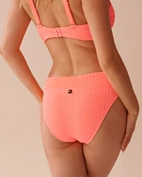 CORAL CRUSH Textured Mid Waist Brazilian Bikini Bottom