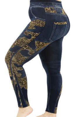 Plus Size Blue Jeggings With Leopard Prints