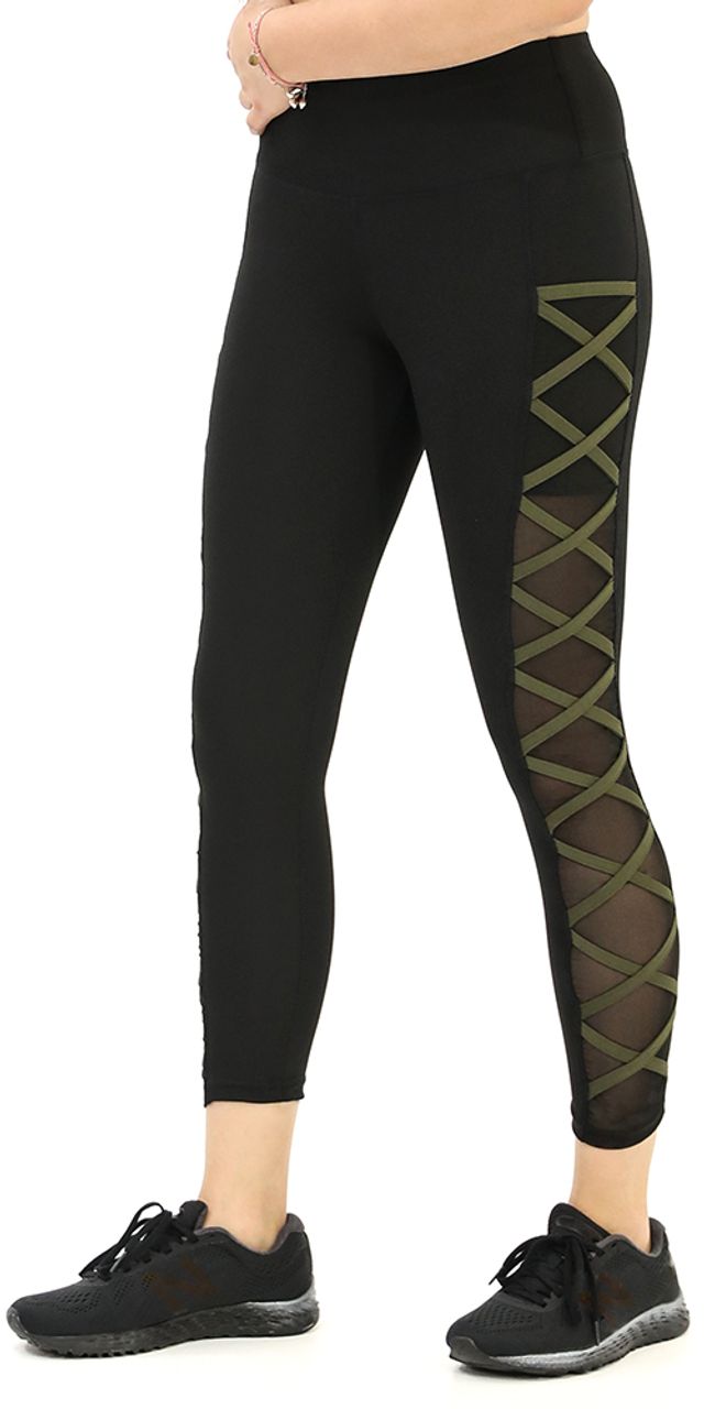 Leggings Park High Waisted Black&Charcoal Tight Criss-Crossing Side-Mesh  Panel