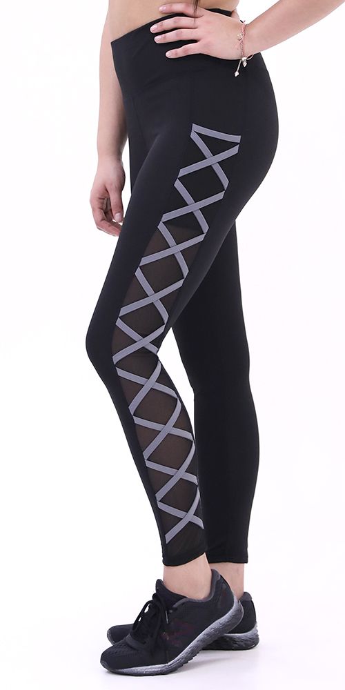 Leggings Park High Waisted Black&Charcoal Tight Criss-Crossing Side-Mesh  Panel