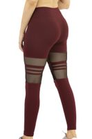 High-Waist Striped & Mesh Burgundy Yoga Pants Active Sport Leggings