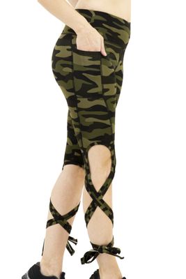 High Waisted Cut-Out Tie Cuff Active Yoga Pants Sport Capri Camo Leggings with Double Pockets