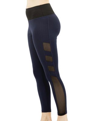 High Waist Sheer Side-Mesh Panels Sport Navy Leggings with Black