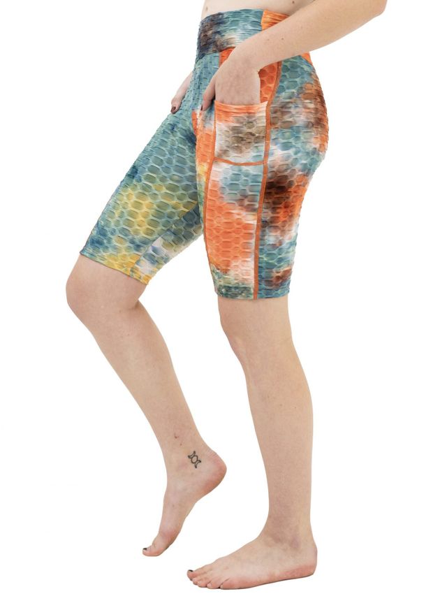 Leggings Park High Waist Push-Up Squad Scrunch Tie Dye Orange&Blue Shorts  with Double Pockets