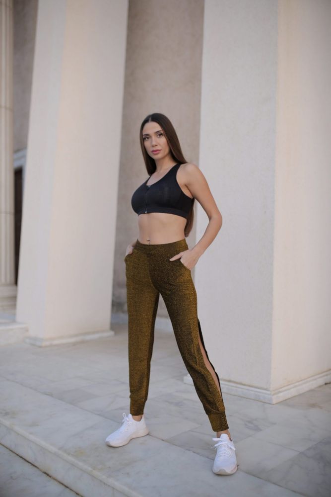 Leggings Park Shiny Side Slit Gold Joggers with Double Pockets
