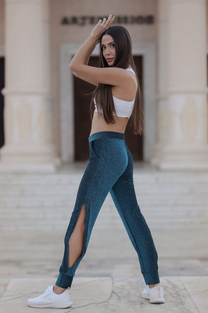 Leggings Park Shiny Side Slit Teal Joggers with Double Pockets