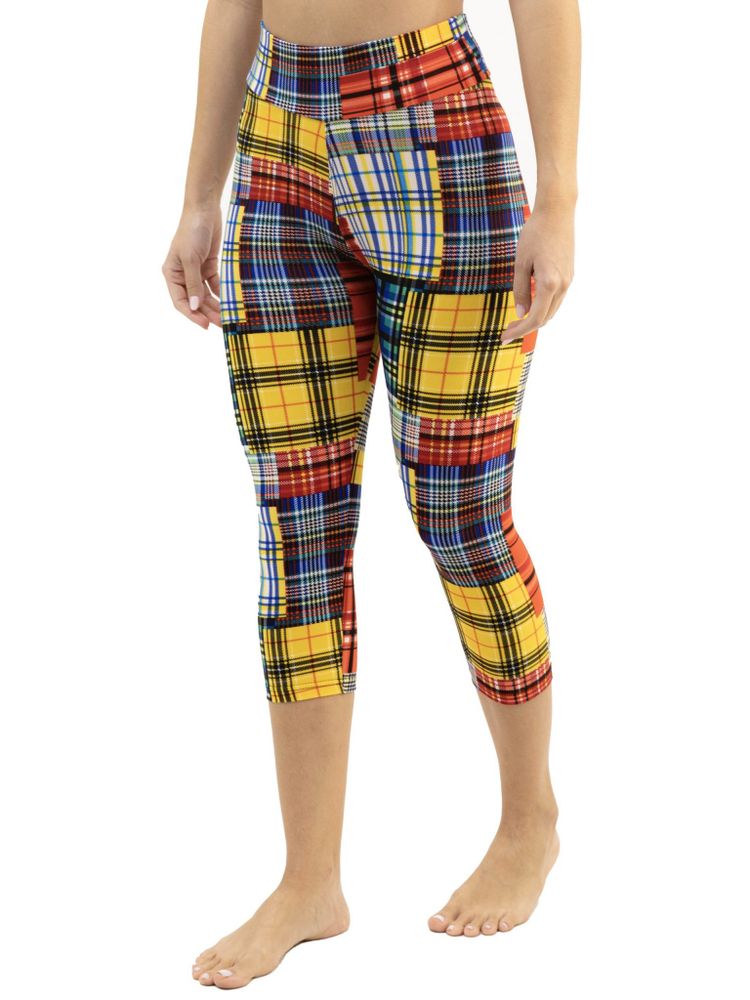 Yellow Checkered High Waisted Leggings, Leggings