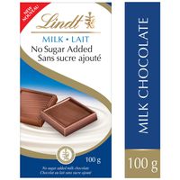 Lindt No Sugar Added Milk Chocolate Bar, 100g