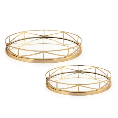 Set of 2 knox gold mirrored round metal trays