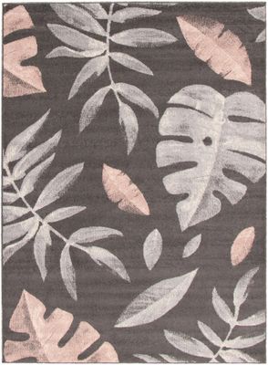 Tapis feuilles anthracite-rose 5'3"" x 7'3""