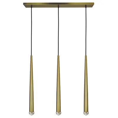 Linear satin brass pendant light with 3 led pendulums