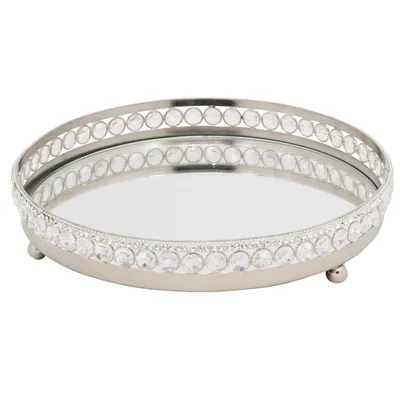 Elegance sparkle round mirror tray with beaded crystals - silver