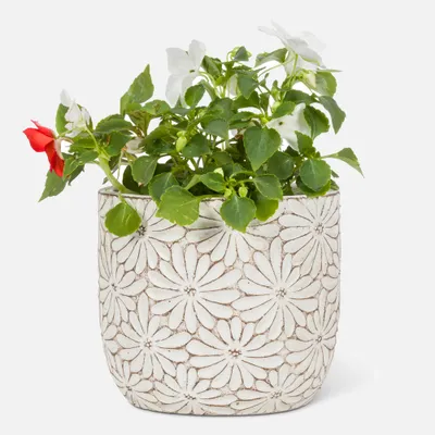 White daisy round planter - 4.5""