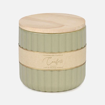Ridged ceramic scented candle with lid - green