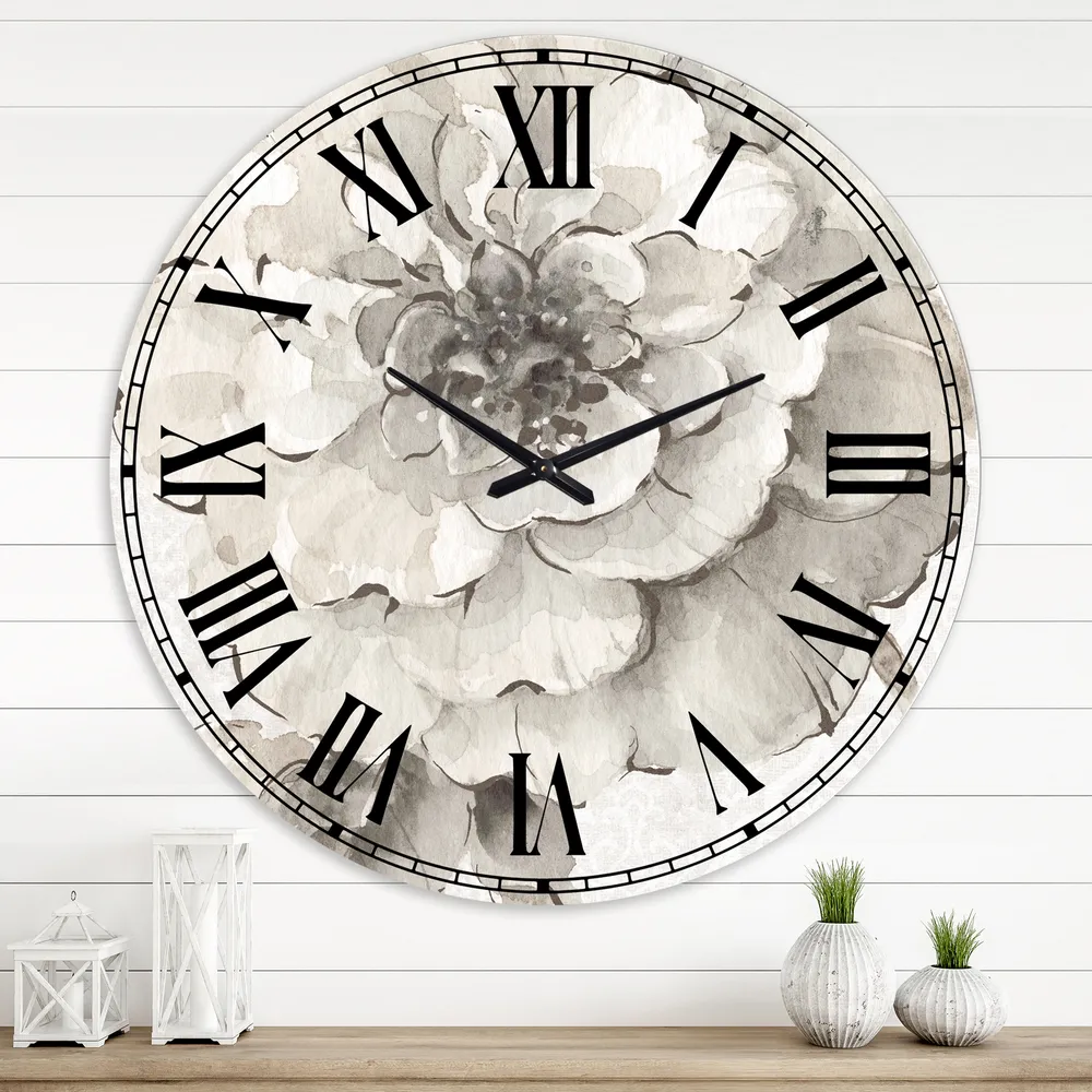 Indigold grey peonies i wall clock - round 23x23