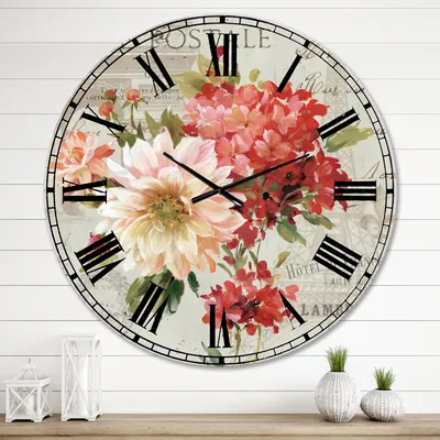 Flowers on vintage postcard i metal wall clock