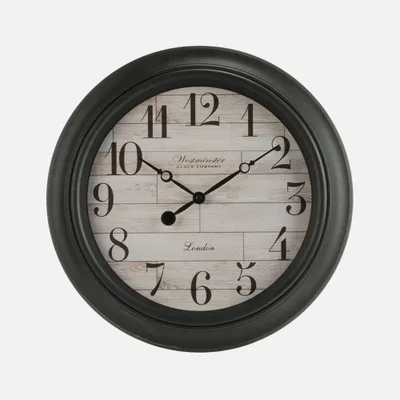 Black wall clock with wood pattern face - 16""