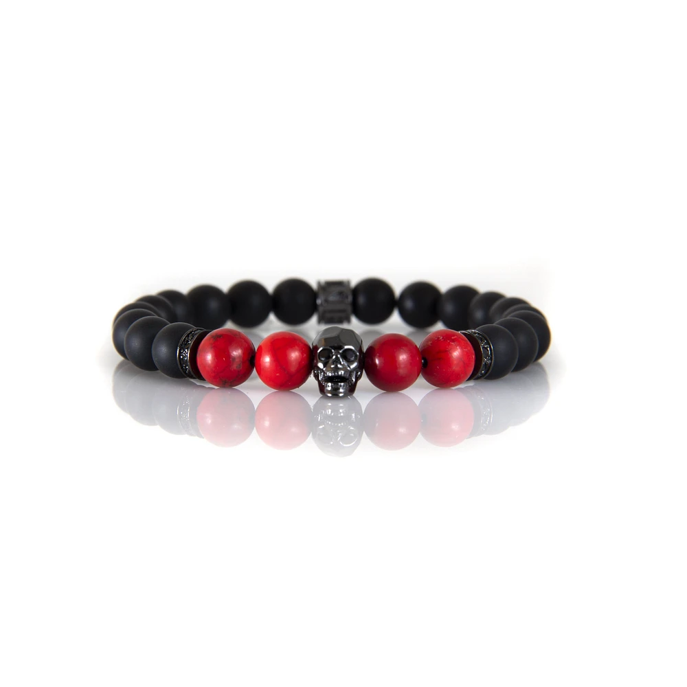 Luenzo Black Onyx and Red/Black Jade with Gunmetal Skull Bracelet