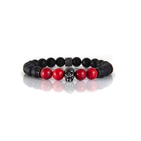 Luenzo Black Onyx and Red/Black Jade with Gunmetal Skull Bracelet