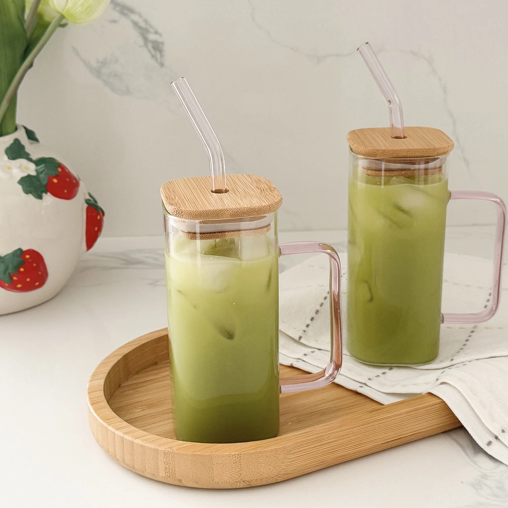 Square Glass With Bamboo Lid and Glass Straw, Set of 2 - Pink